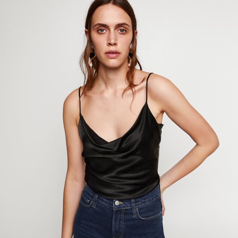 Zara Satin cowl camisole top tank Small black NWT